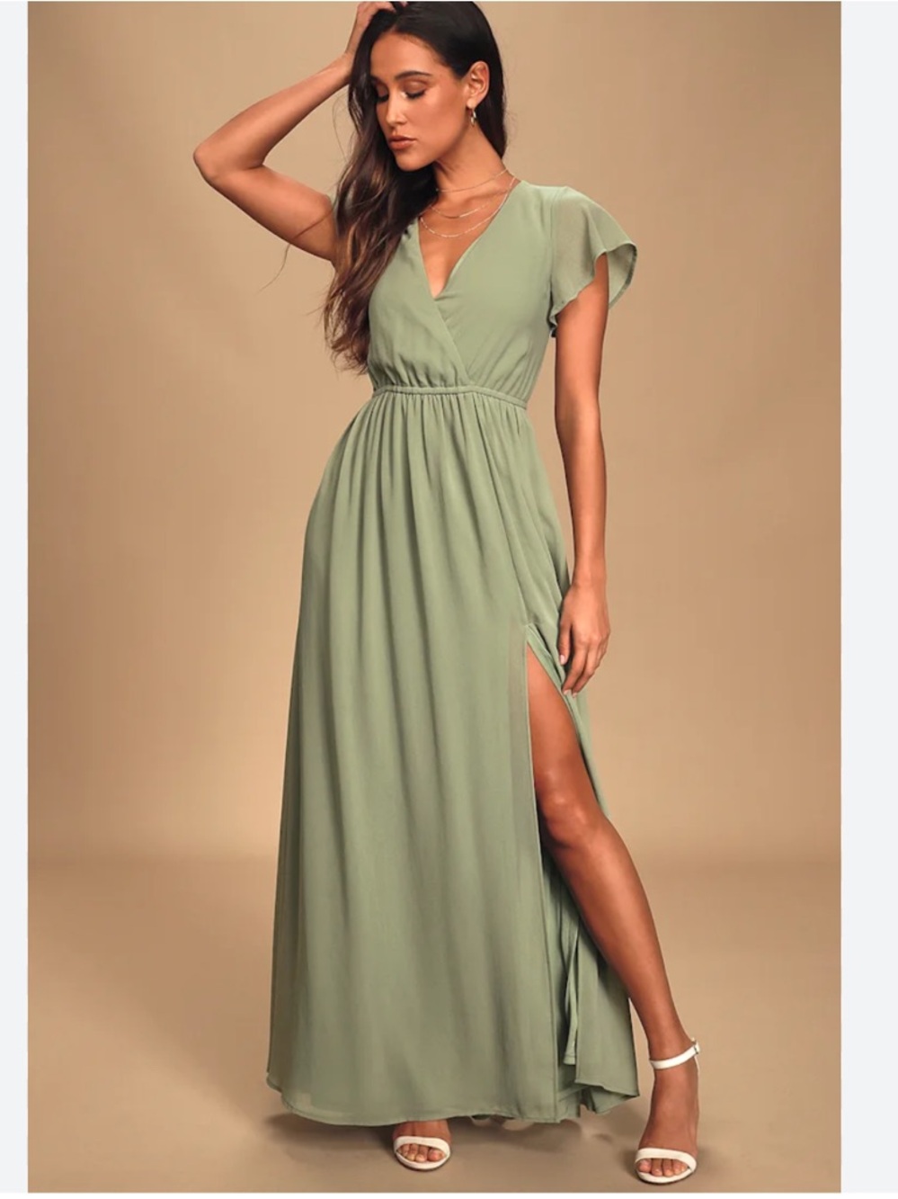 Lulu's Sage Green V-Neck Flutter Sleeve Maxi Dress ladies XL